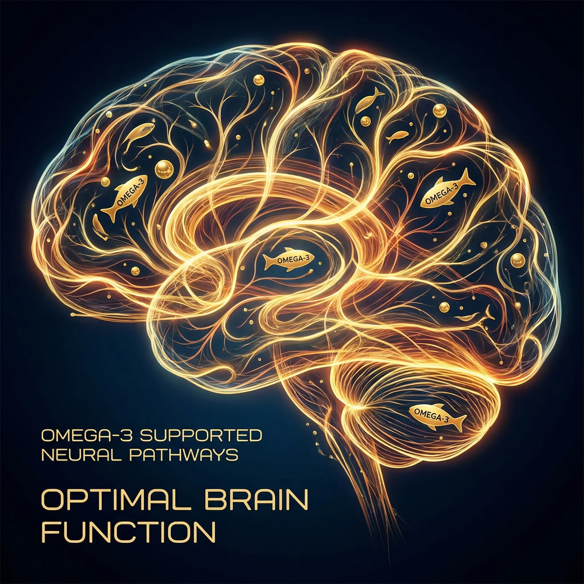 Artistic visualization of neural connections and brain pathways illuminated by healthy fats