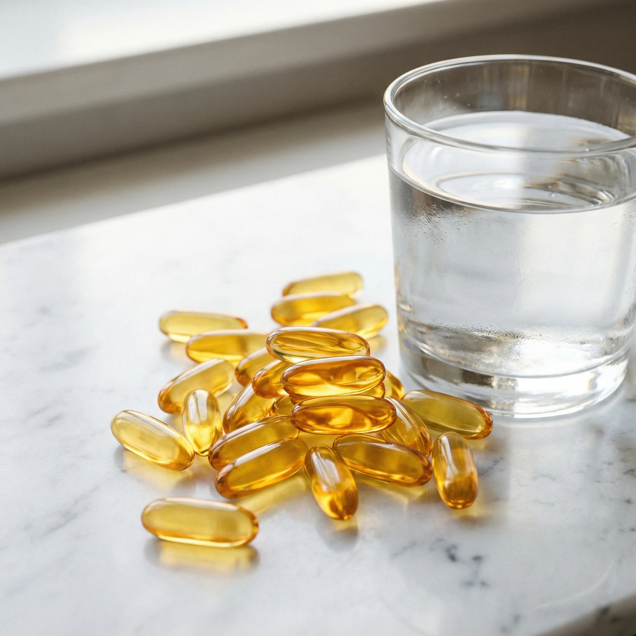 Golden fish oil supplement capsules arranged next to a glass of water on a clean white surface
