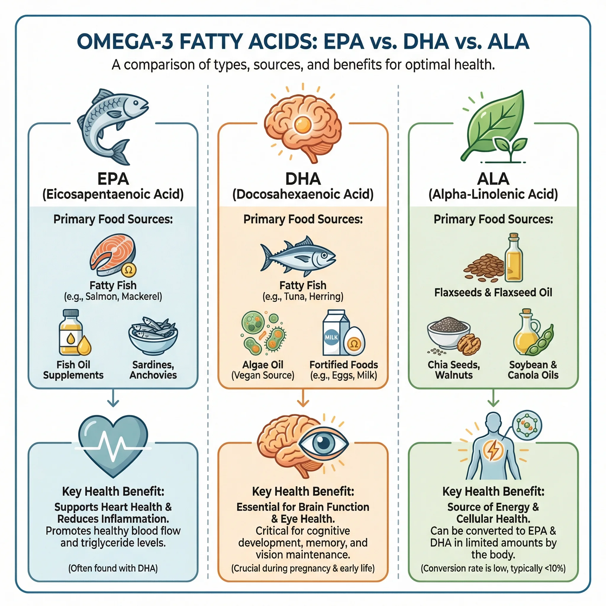 Infographic comparing the three omega-3 types EPA DHA and ALA with their food sources and biological roles