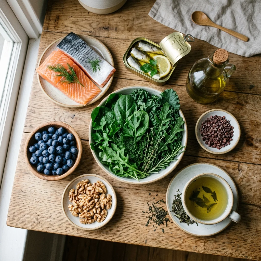 Omega-3 and polyphenol foods arranged together on a counter