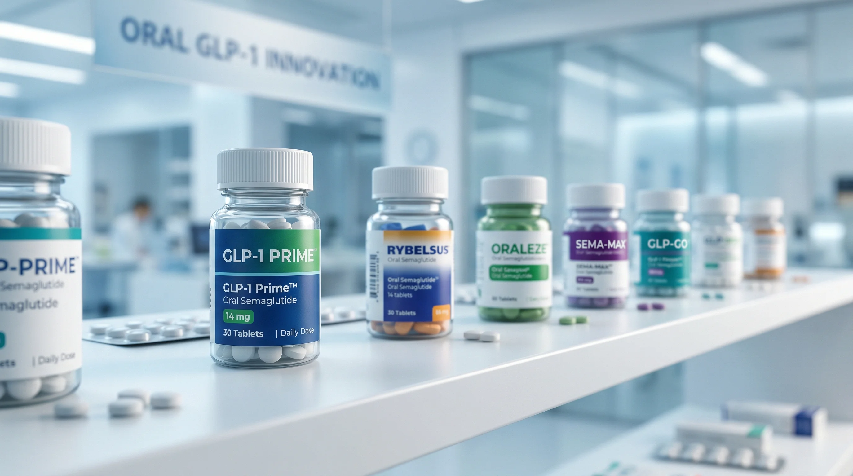 Multiple pharmaceutical products on a shelf representing the growing oral GLP-1 medication market