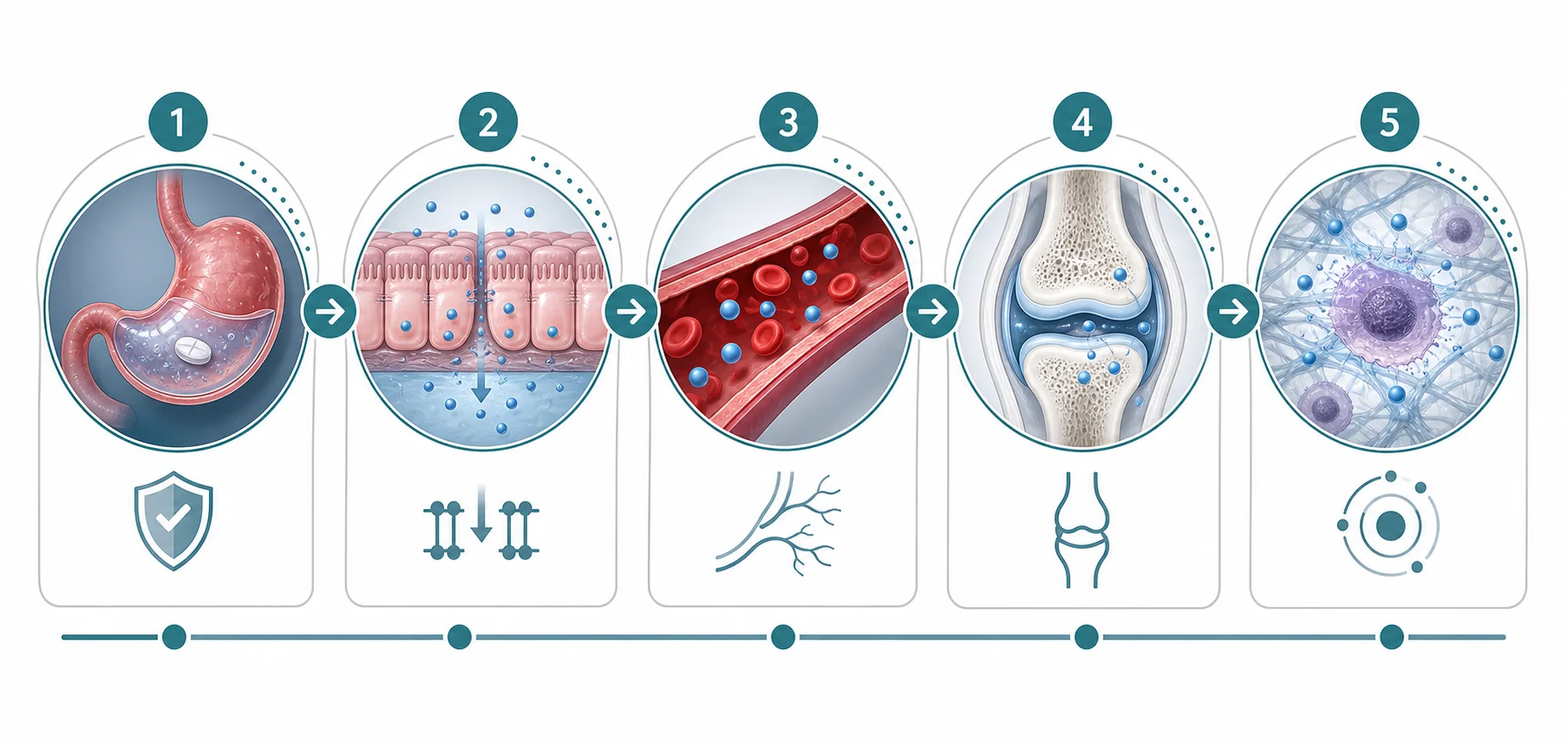 Infographic showing the steps oral BPC-157 would need to pass before affecting joint tissue