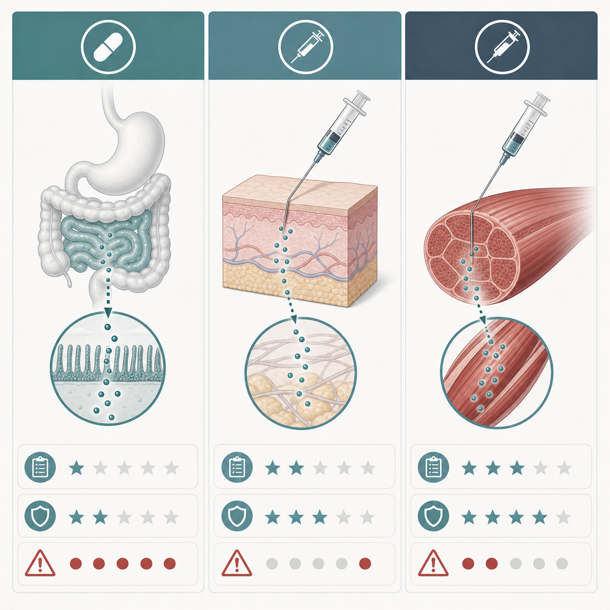 Infographic comparing oral and injectable BPC-157 route considerations