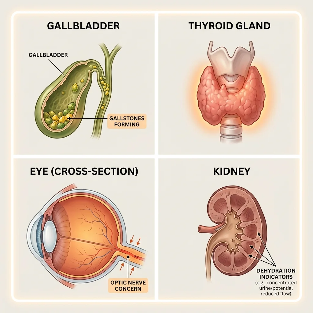 Four organs affected by GLP-1 drug side effects: gallbladder, thyroid, eye, and kidney