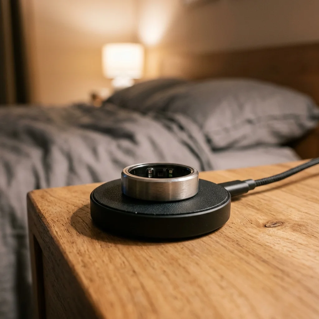 Oura Ring 4 in brushed silver on its charging puck showing the redesigned flush sensor interior