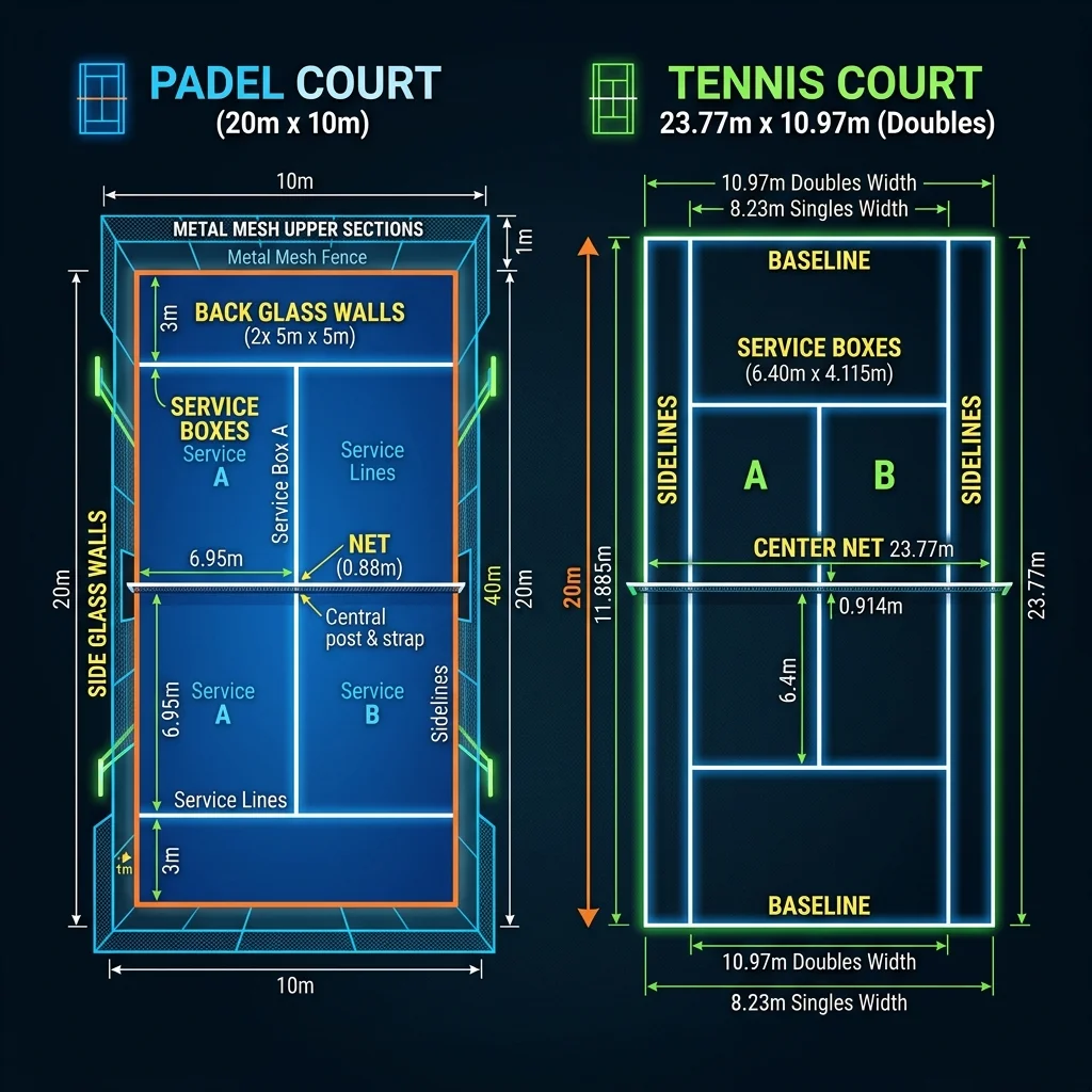 Overhead comparison diagram showing a padel court's 20-by-10-meter dimensions next to a larger tennis court