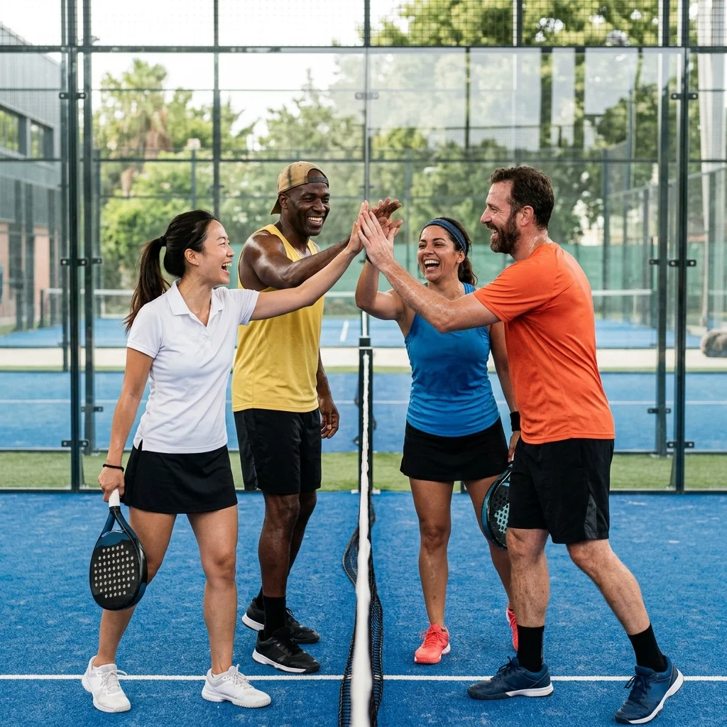 Four padel players sharing a moment of celebration and laughter after completing a match