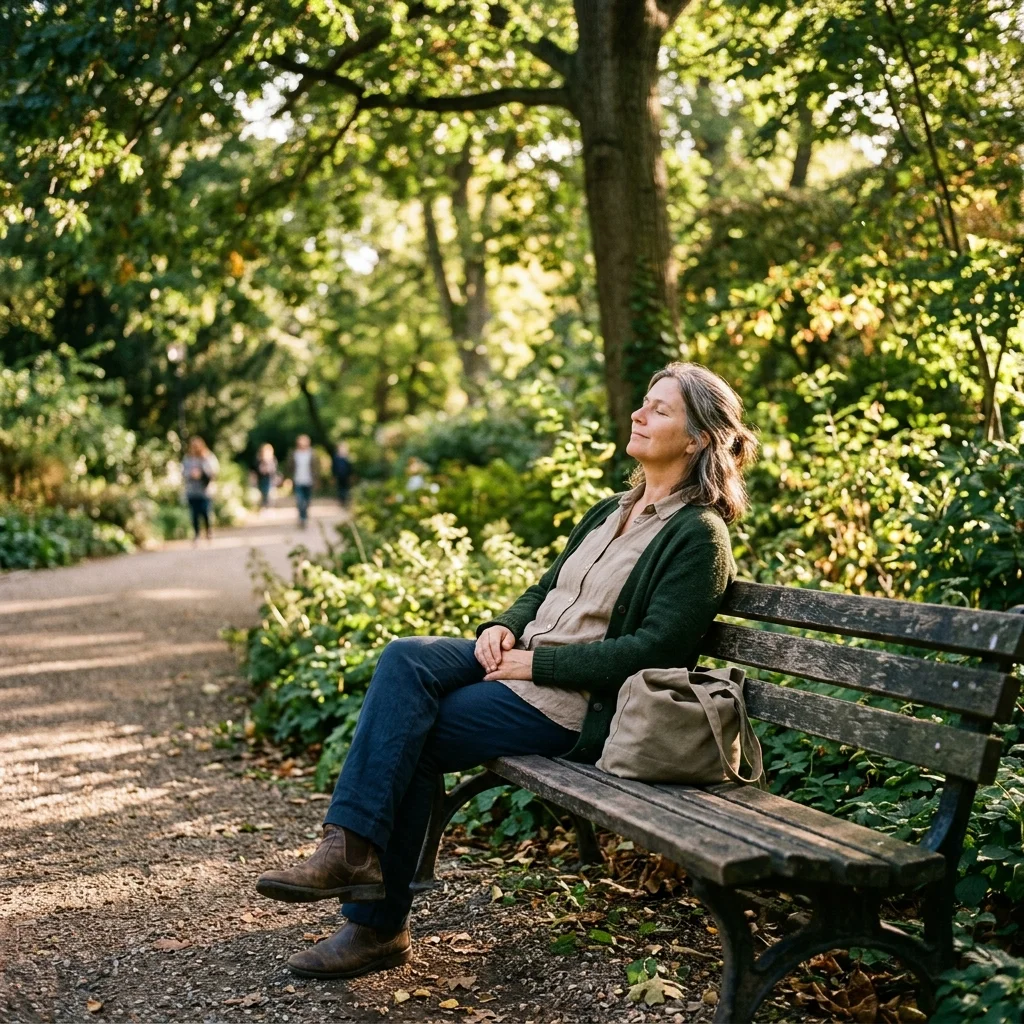 A person resting peacefully on a park bench surrounded by trees, practicing mindful stillness outdoors