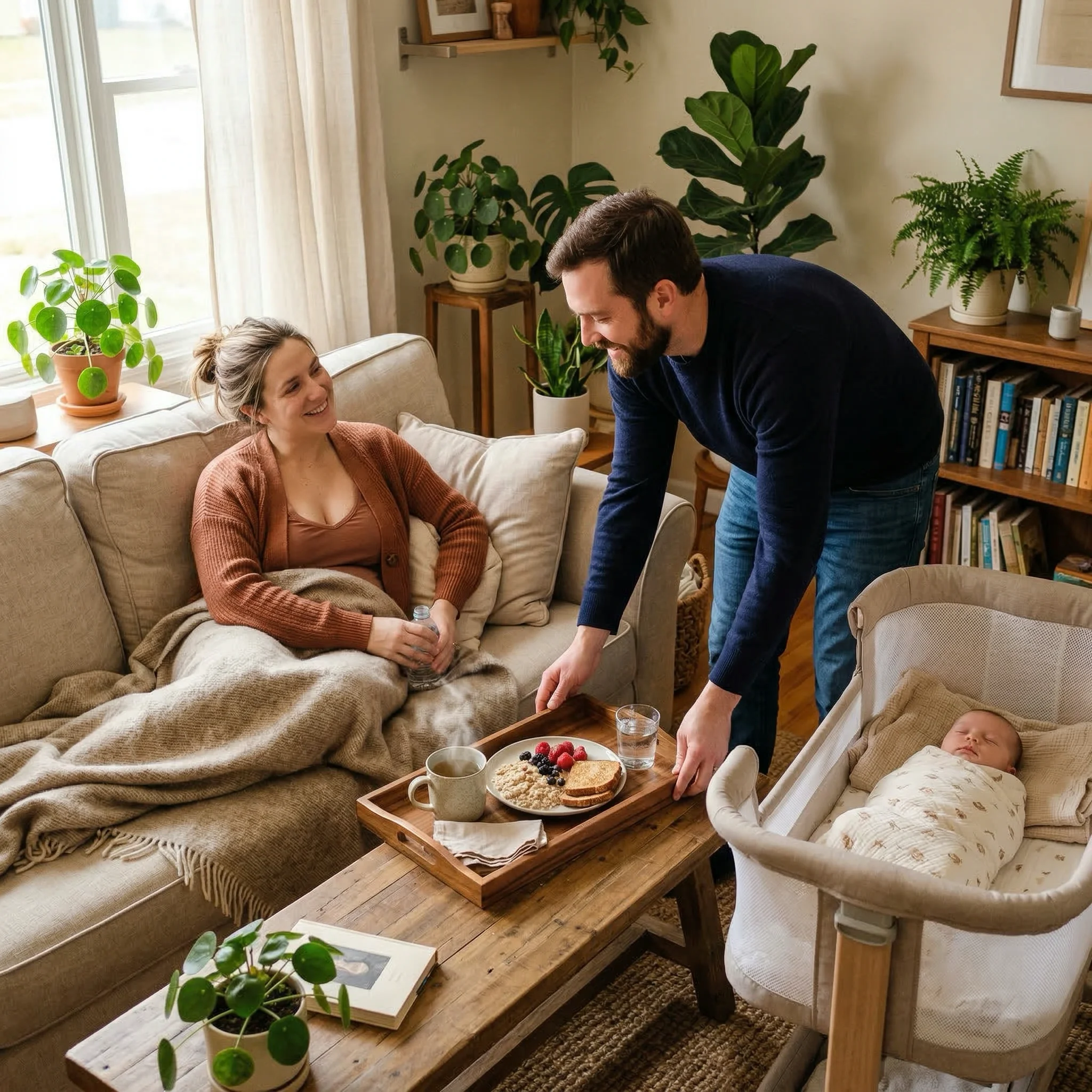 Visual guide showing practical ways partners can support postpartum recovery