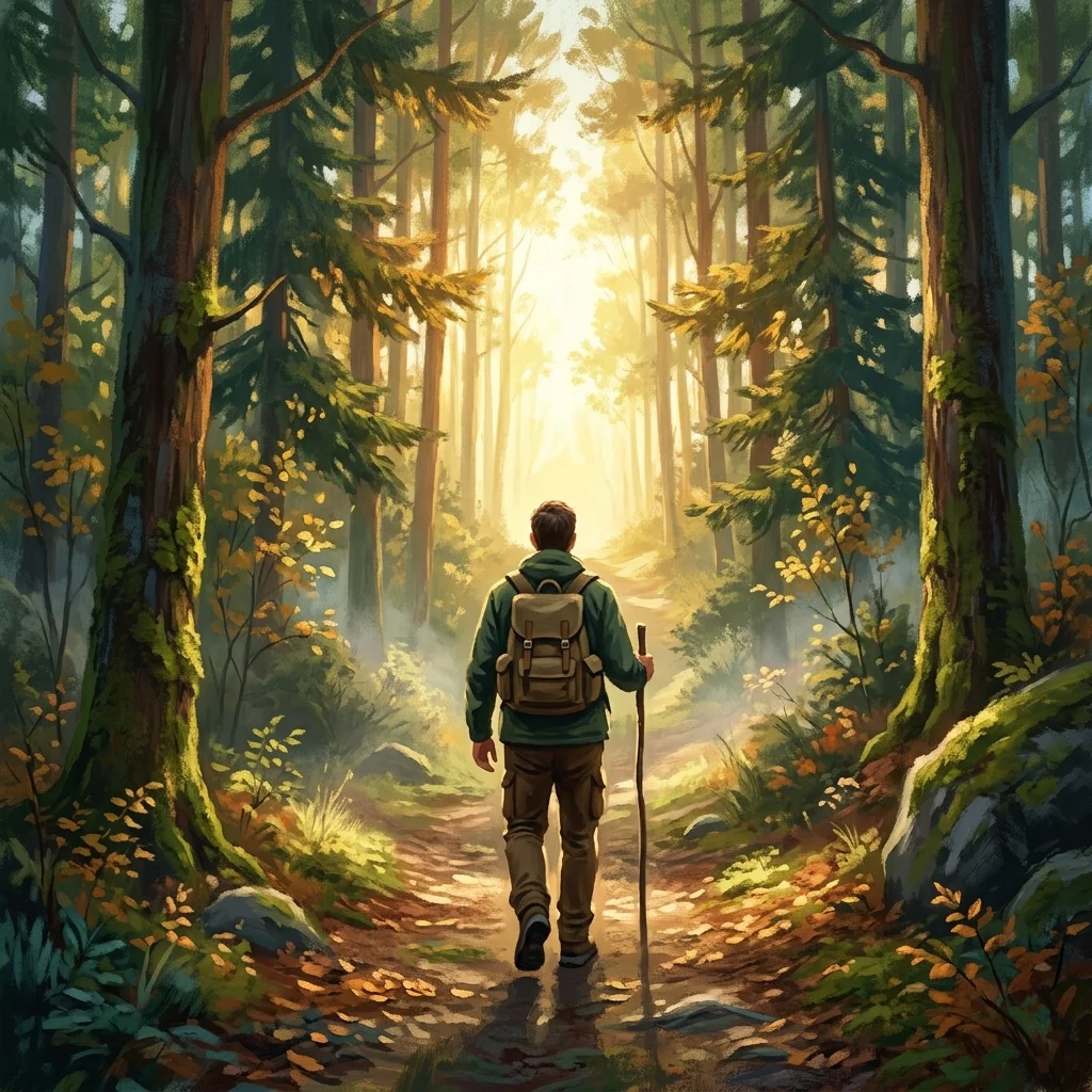 Man walking along a forest trail toward bright morning light, symbolizing the start of a mental health journey