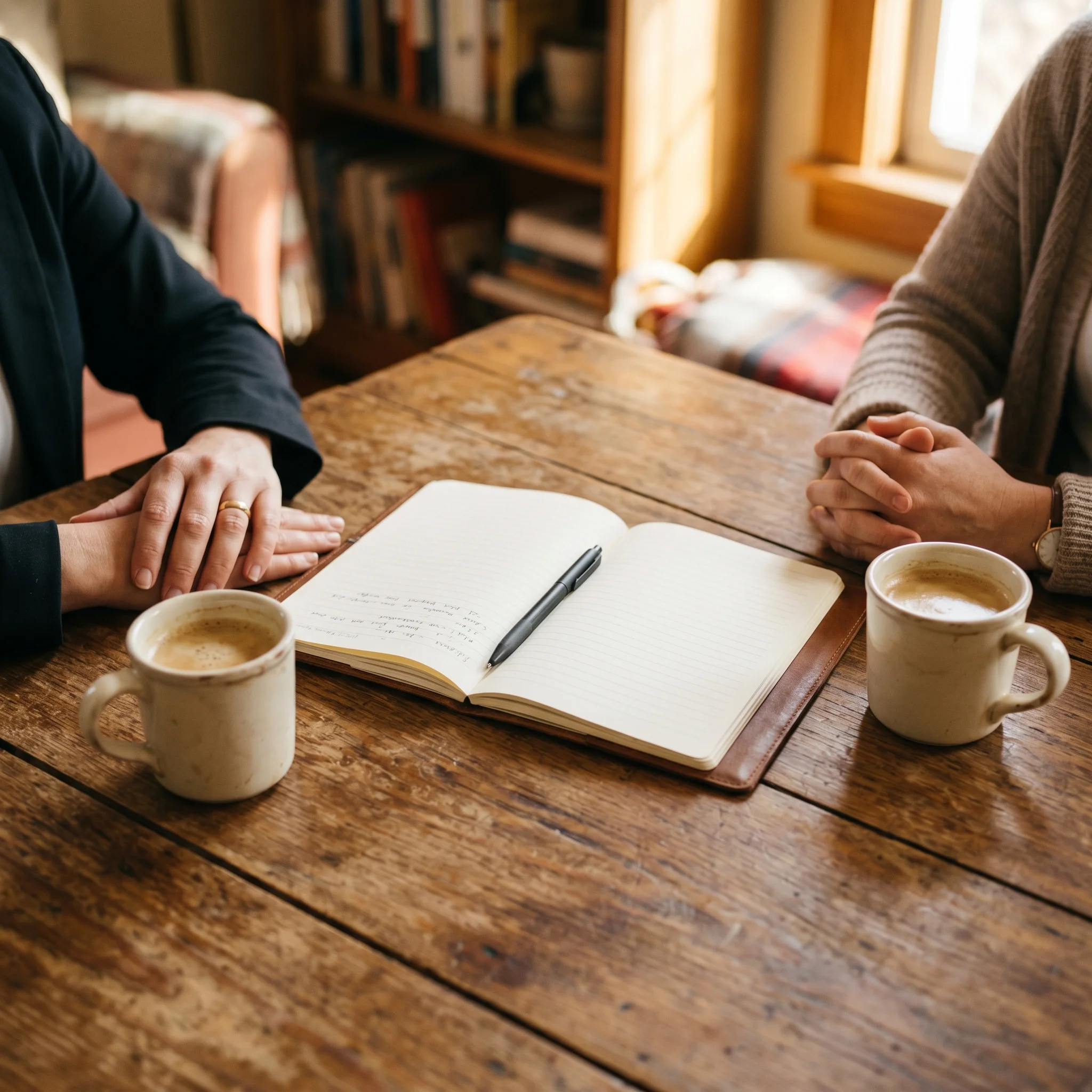 Clinician and patient hands across a table with coffee and a notebook, suggesting a shared treatment decision conversation