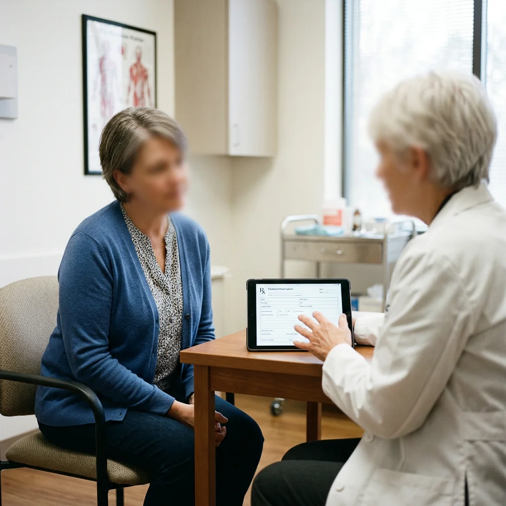 Patient consulting with doctor over a tablet showing prescription information