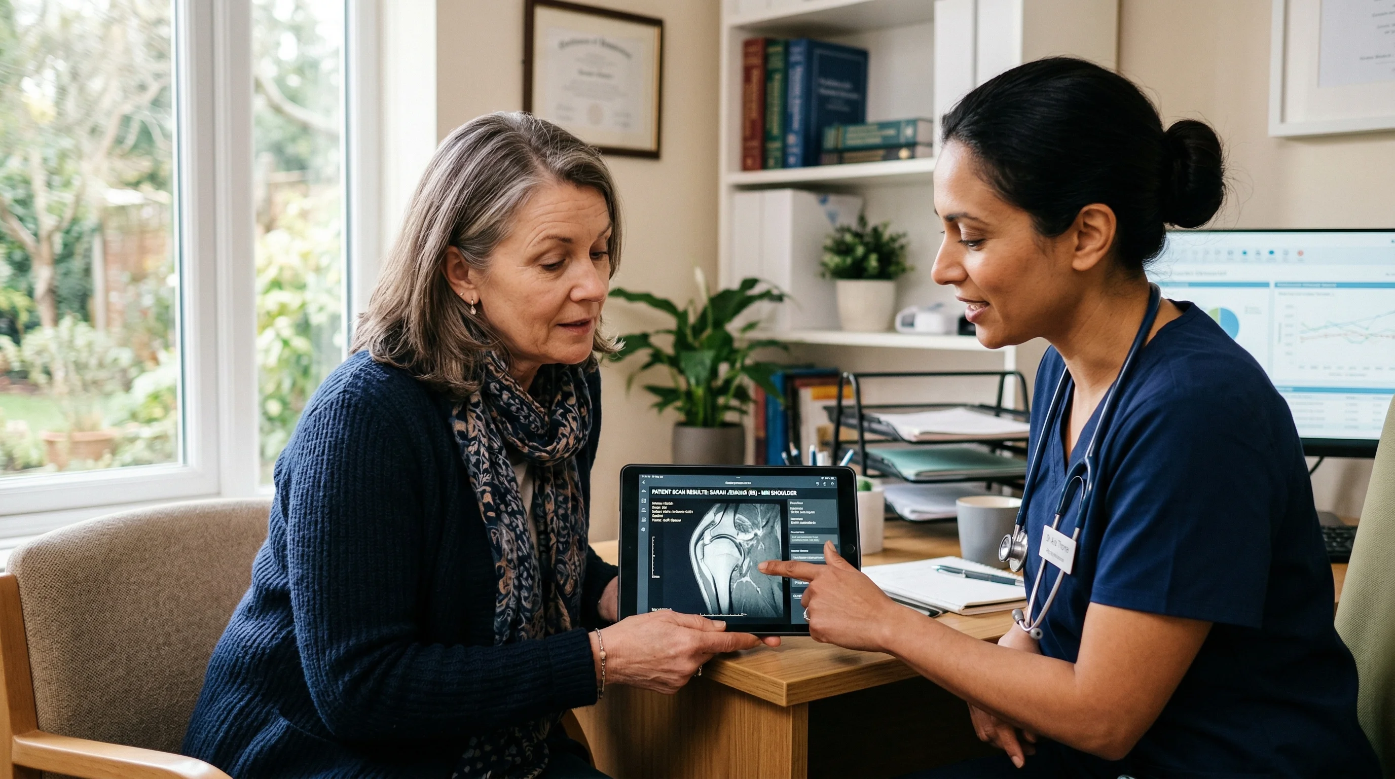 Patient and doctor reviewing MRI screening results together during a consultation