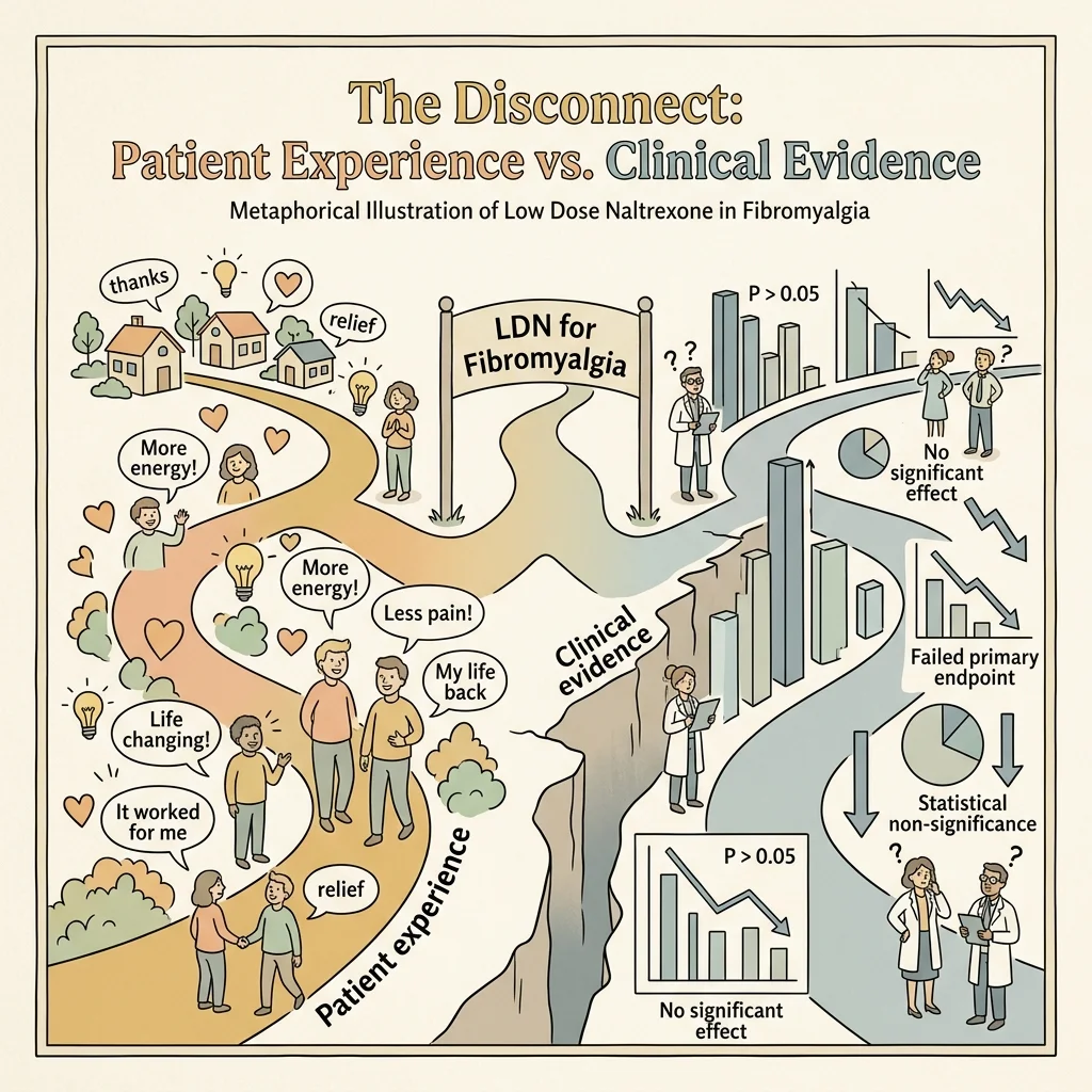 Editorial illustration depicting the divergence between patient-reported benefits and clinical trial results for LDN in fibromyalgia