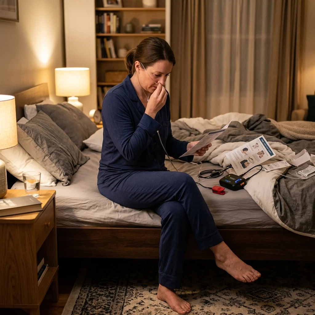 Patient self-applying home sleep test sensors including nasal cannula while following setup instructions