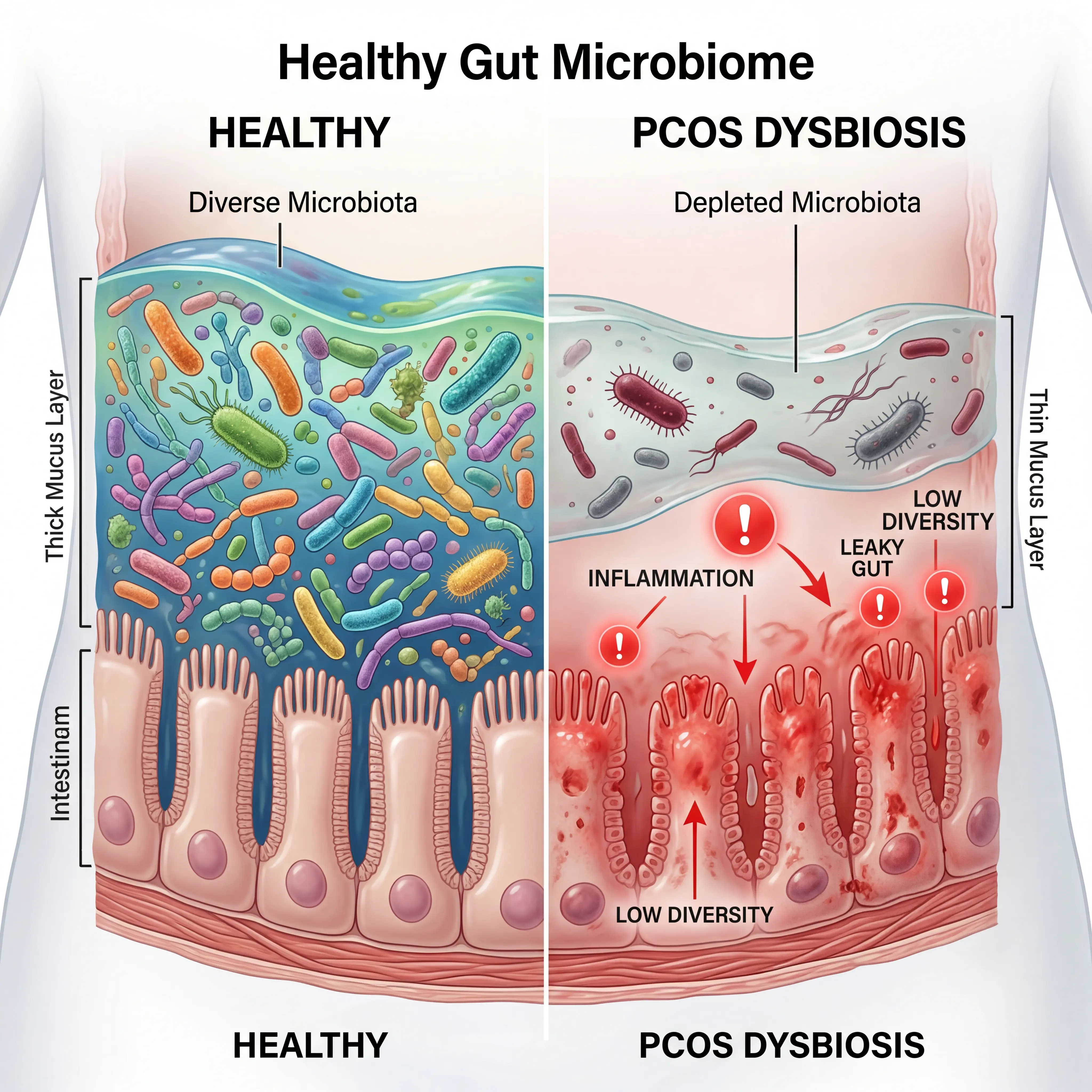 Side-by-side comparison showing depleted versus enriched gut bacteria in women with PCOS compared to healthy controls