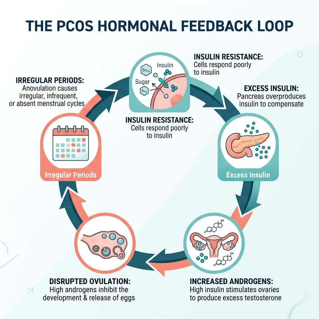 Infographic showing the insulin resistance and androgen feedback loop in polycystic ovary syndrome
