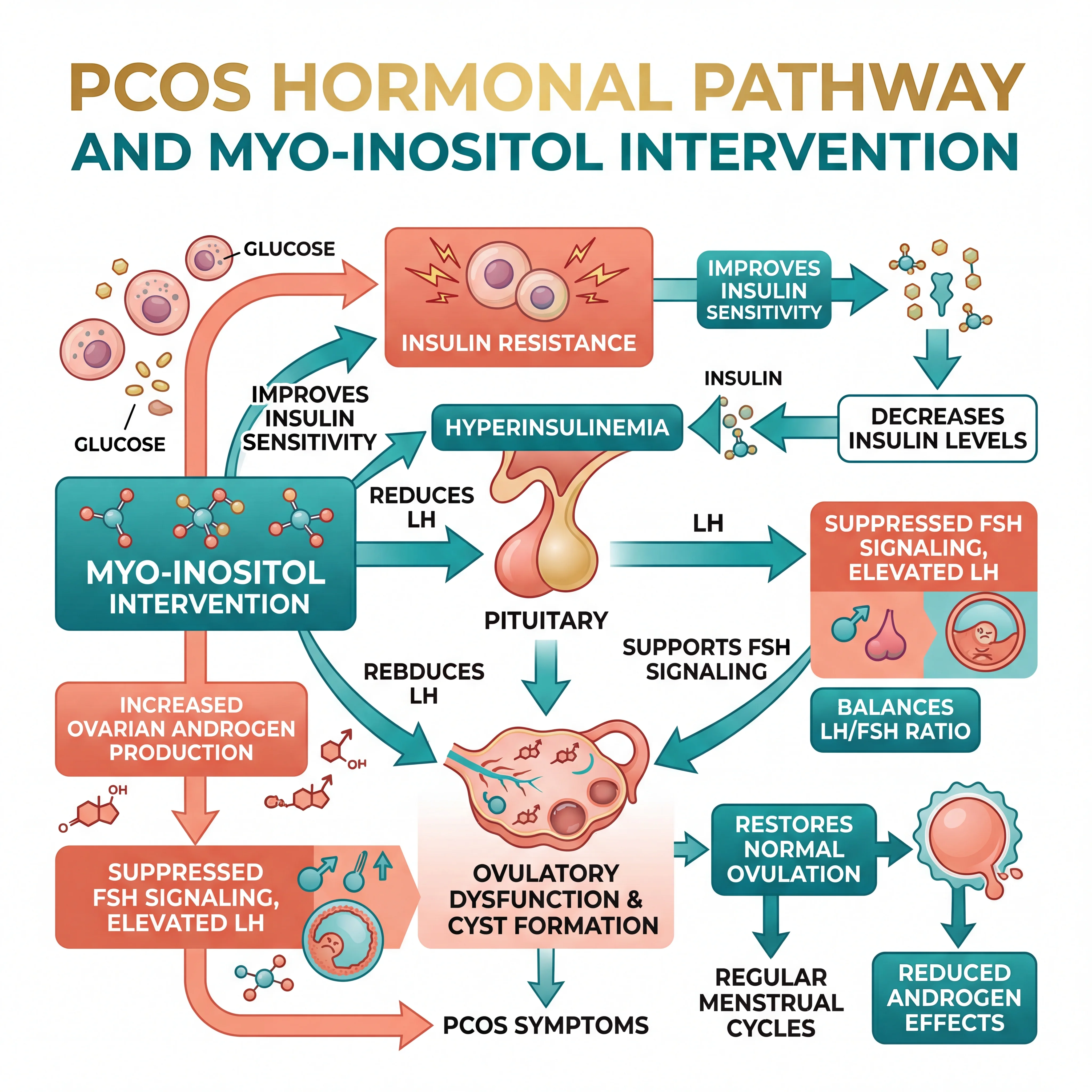 Infographic showing how myo-inositol improves insulin signaling and reduces androgen levels in PCOS through the FSH pathway