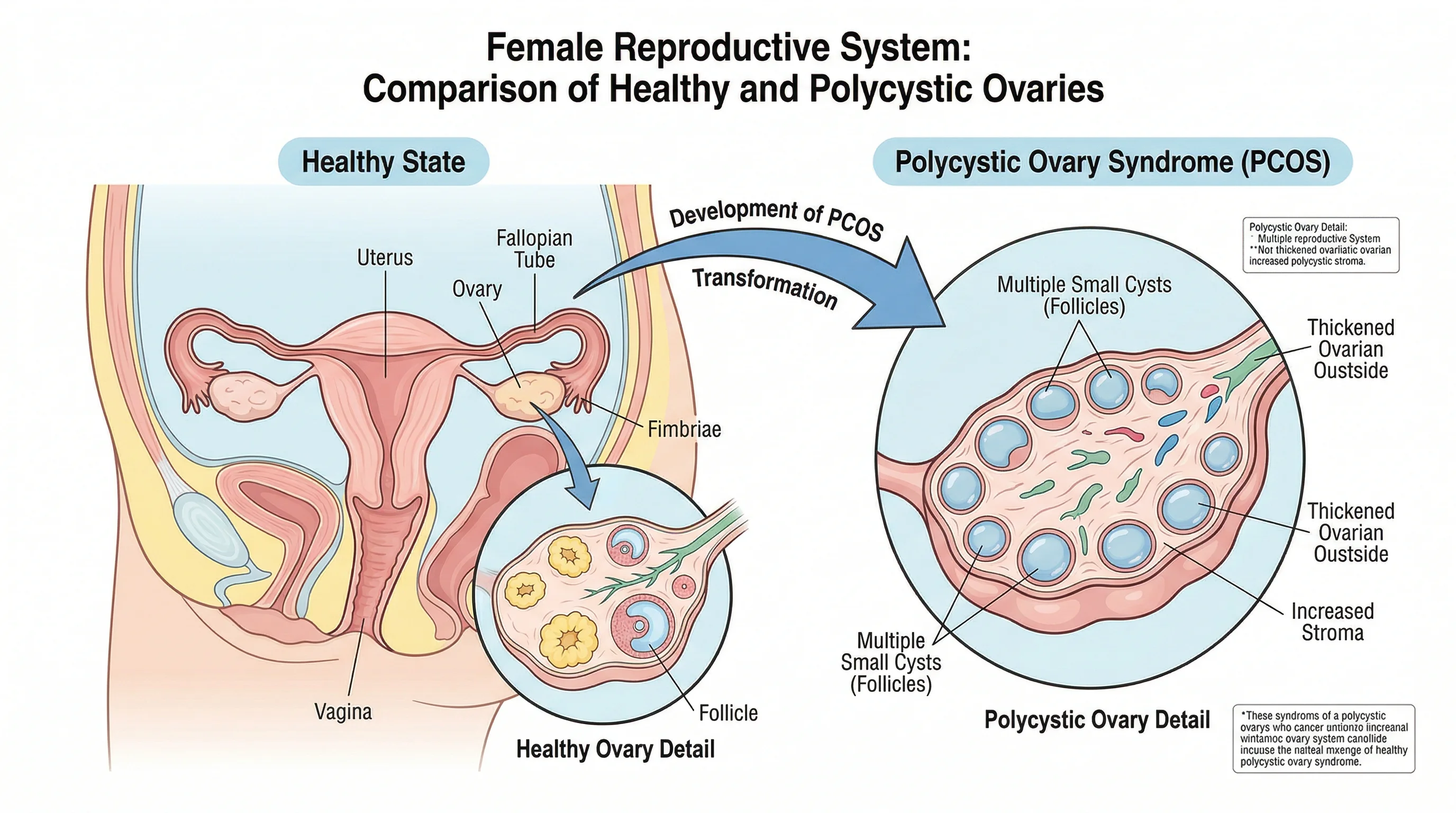 Medical illustration comparing polycystic ovaries with healthy ovaries showing the transformation pathway
