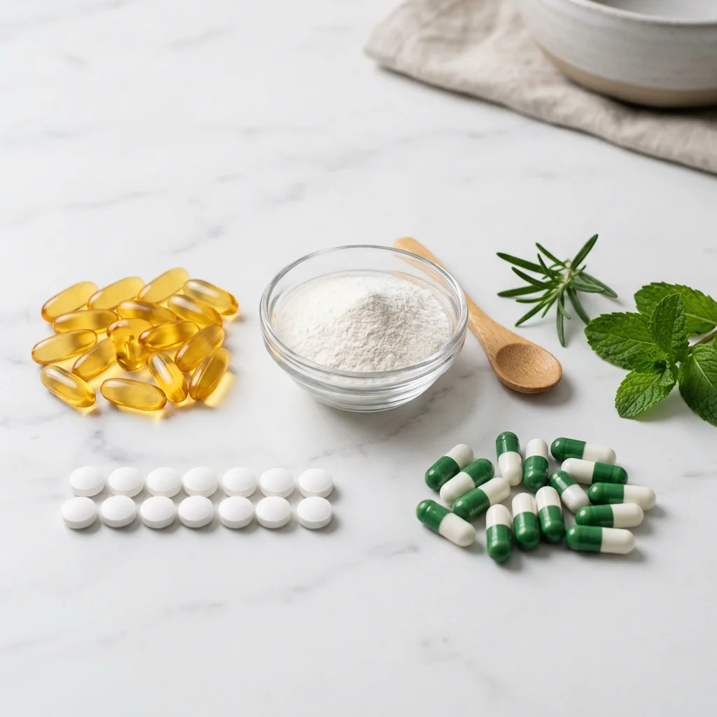 Supplement capsules and powder arranged next to scientific research papers and a stethoscope
