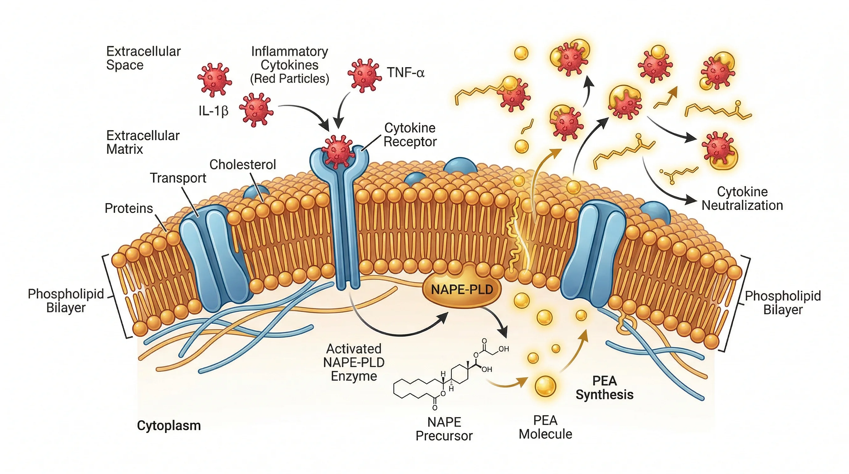 Illustration of a cell producing PEA molecules to combat inflammatory signals