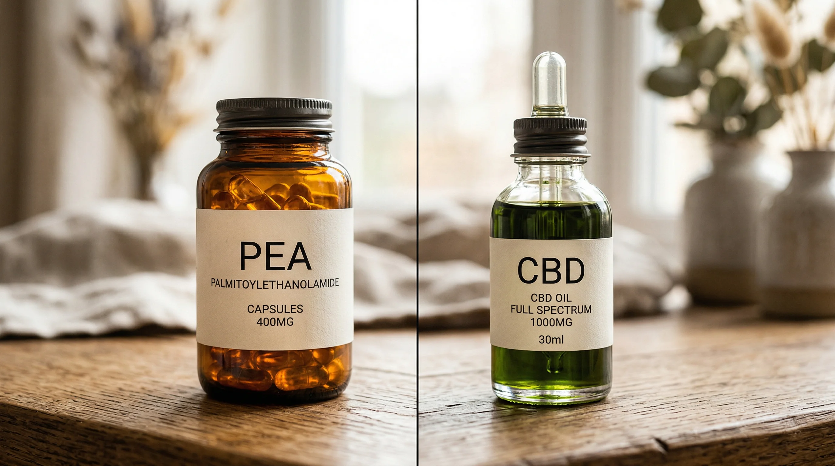 Side-by-side comparison of PEA capsules and CBD oil supplement bottles