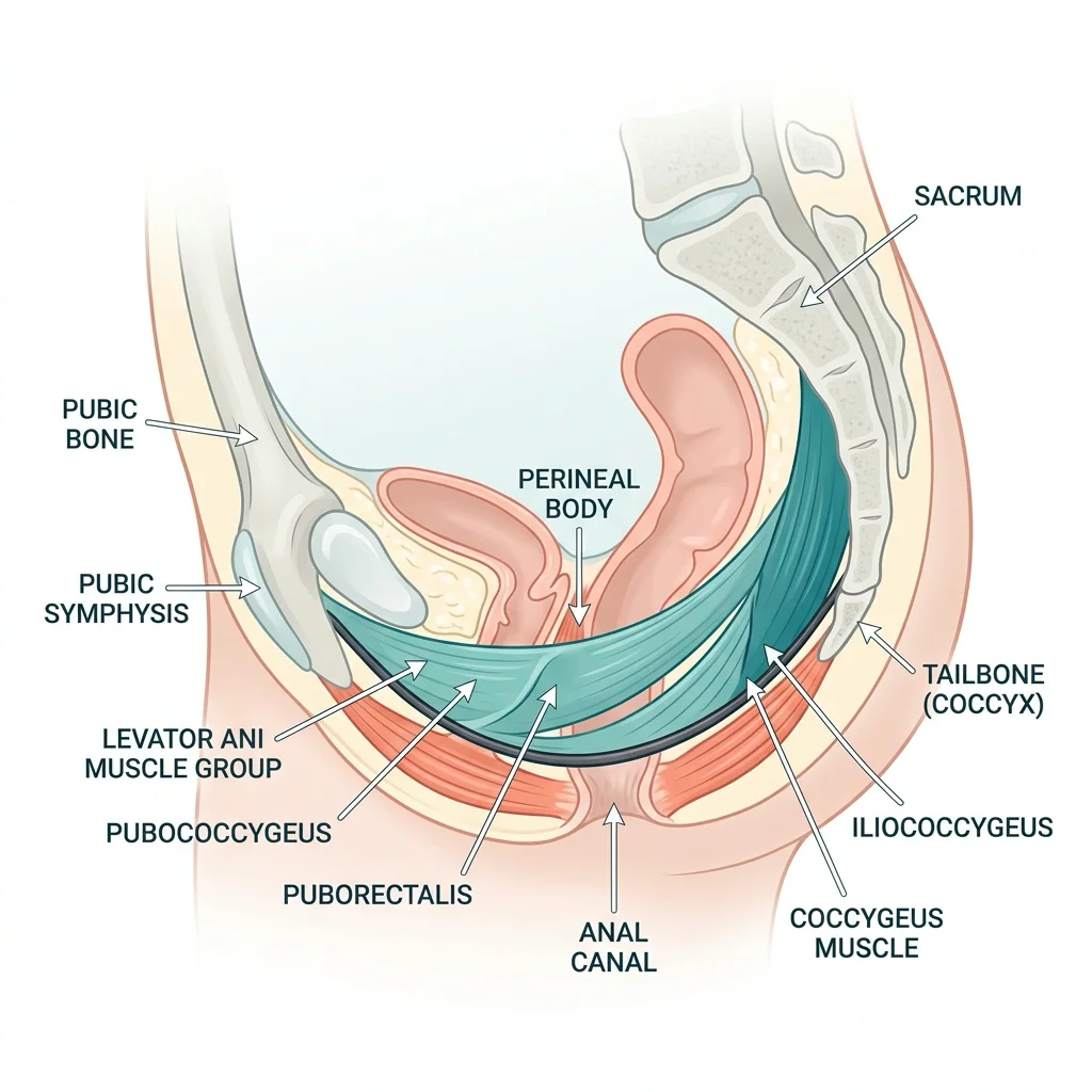 Infographic showing the layered anatomy of pelvic floor muscles with labeled structures