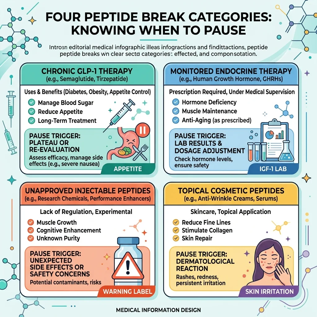 Infographic comparing peptide break categories and pause triggers