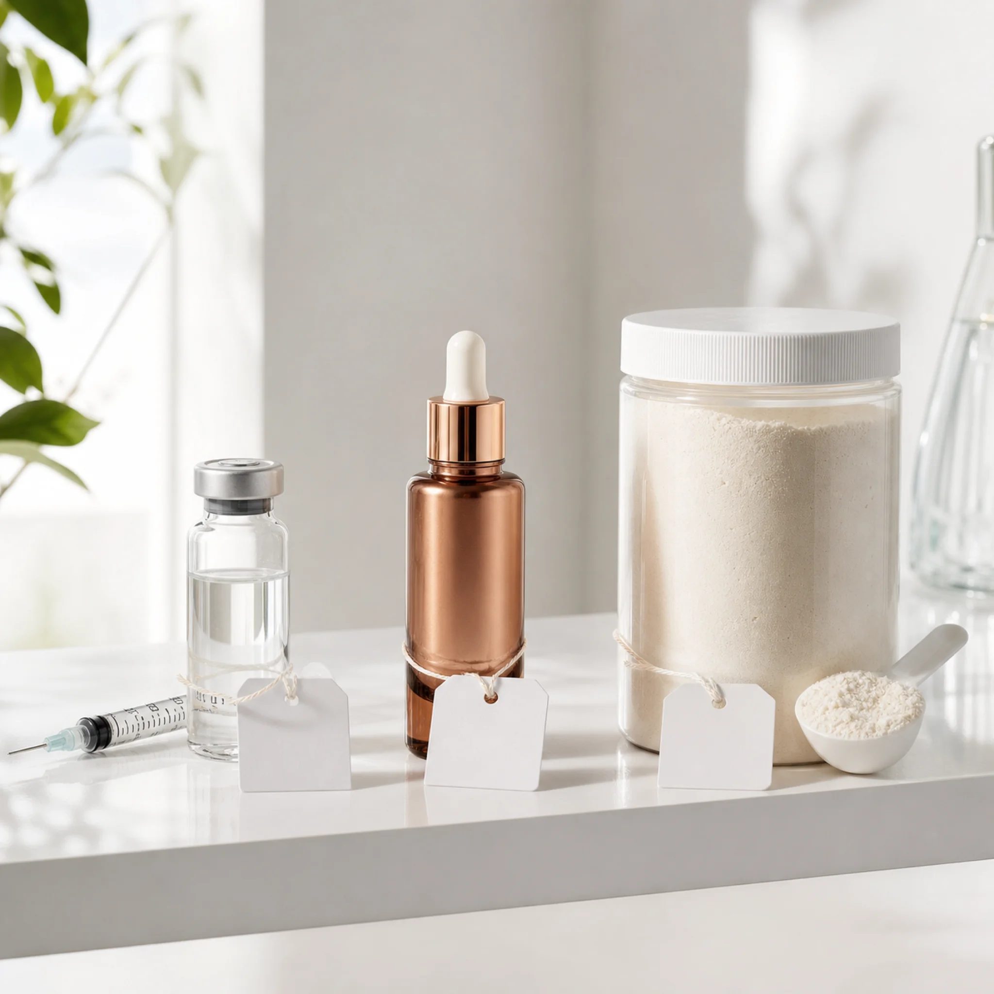 Three categories of peptide products from clinical injectable to cosmetic serum to supplement powder displayed with price comparison