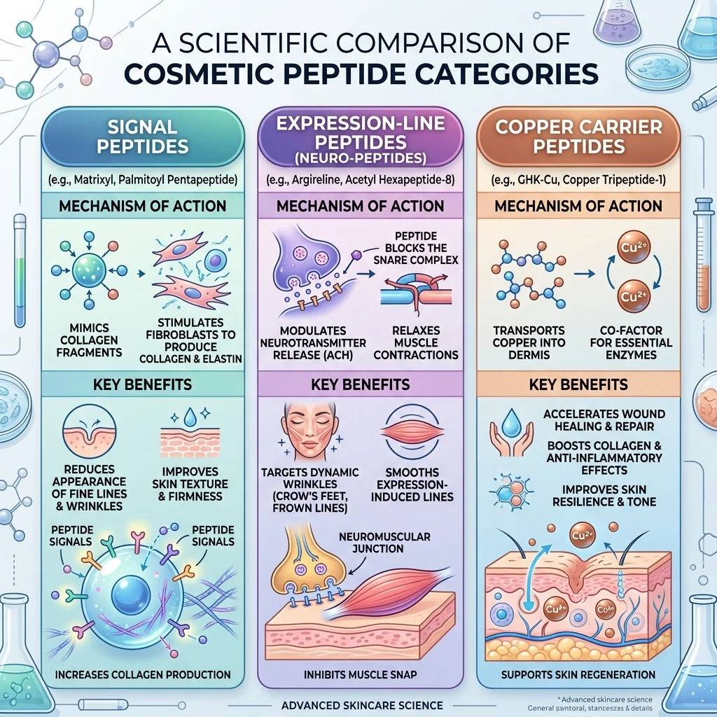 Infographic comparing Matrixyl, Argireline, and GHK-Cu peptide categories