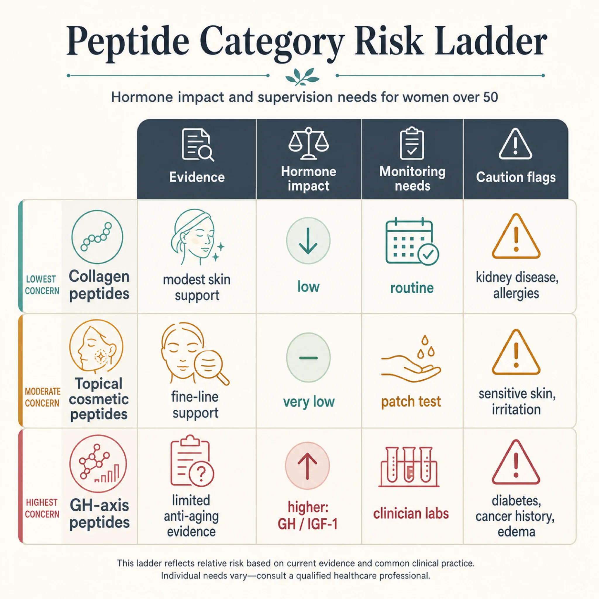 Infographic comparing peptide categories by hormone impact and monitoring needs