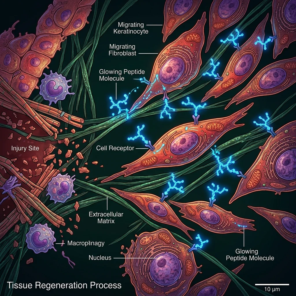 Scientific illustration of peptide molecules interacting with cells during tissue repair