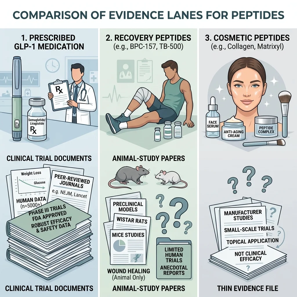 Illustration comparing evidence depth for prescribed GLP-1 drugs, recovery peptides, and cosmetic peptides