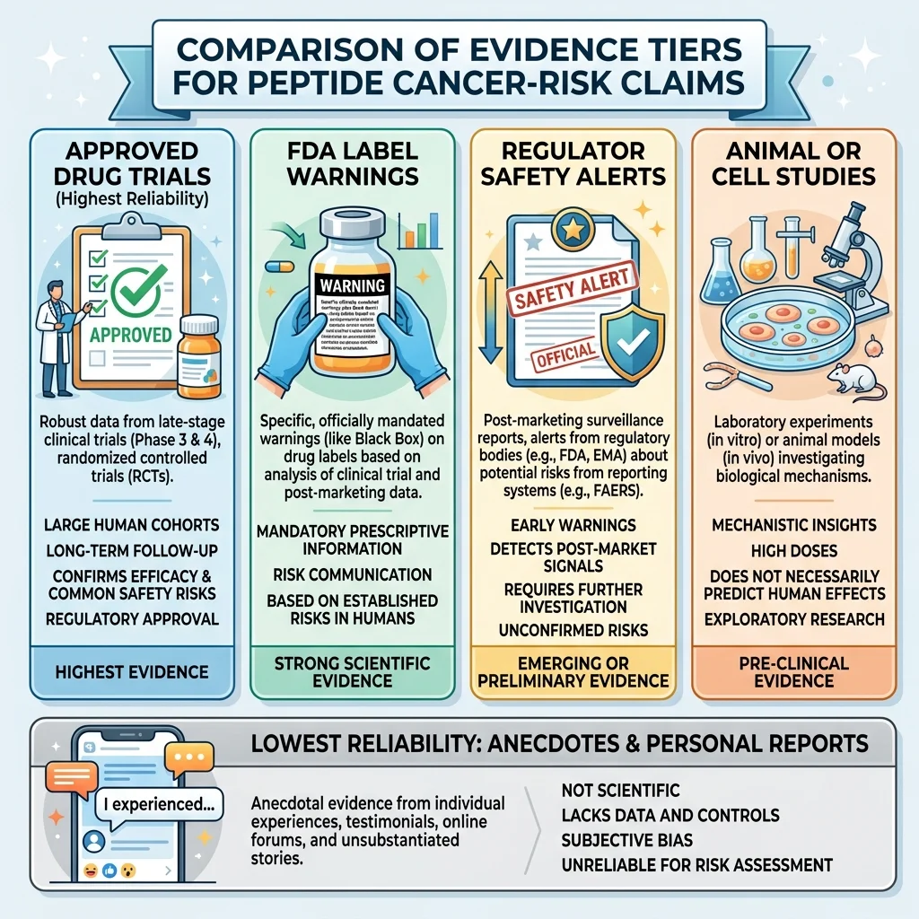 Infographic showing evidence tiers for peptide cancer-risk claims