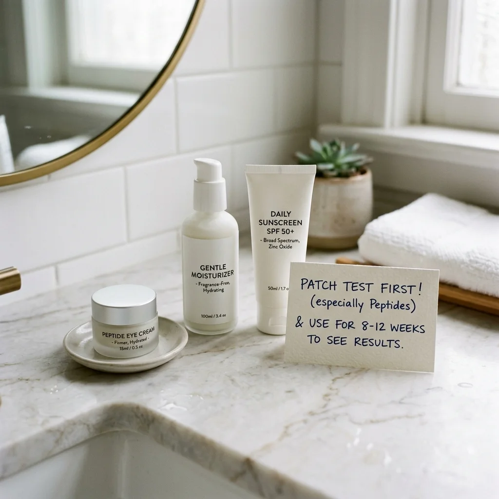 Peptide eye cream routine with sunscreen and patch-test reminder