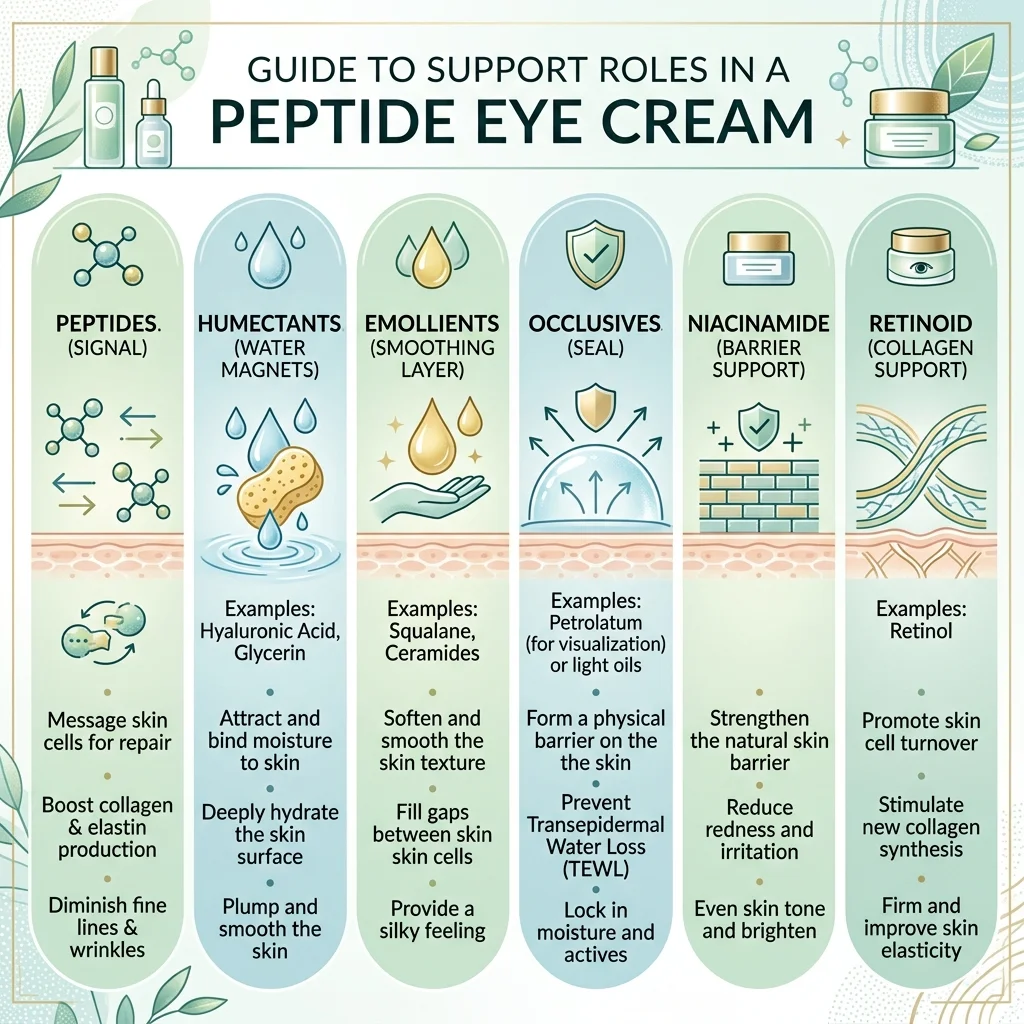Infographic showing the supporting ingredients that help peptide eye creams work