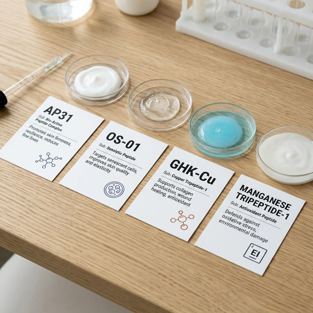Ingredient cards showing AP31, OS-01, GHK-Cu, and manganese tripeptide roles