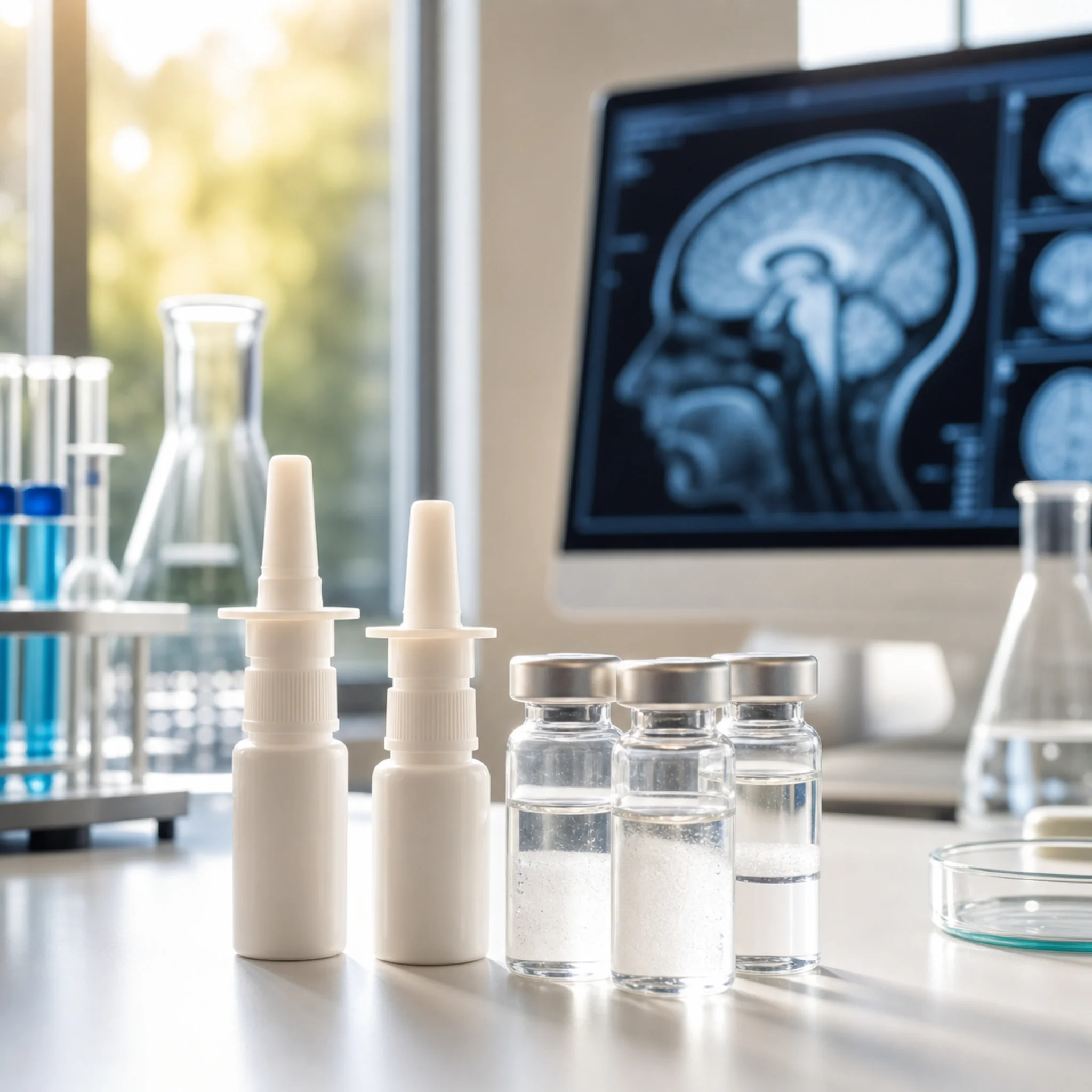 Research laboratory with intranasal peptide delivery devices and brain imaging on monitor