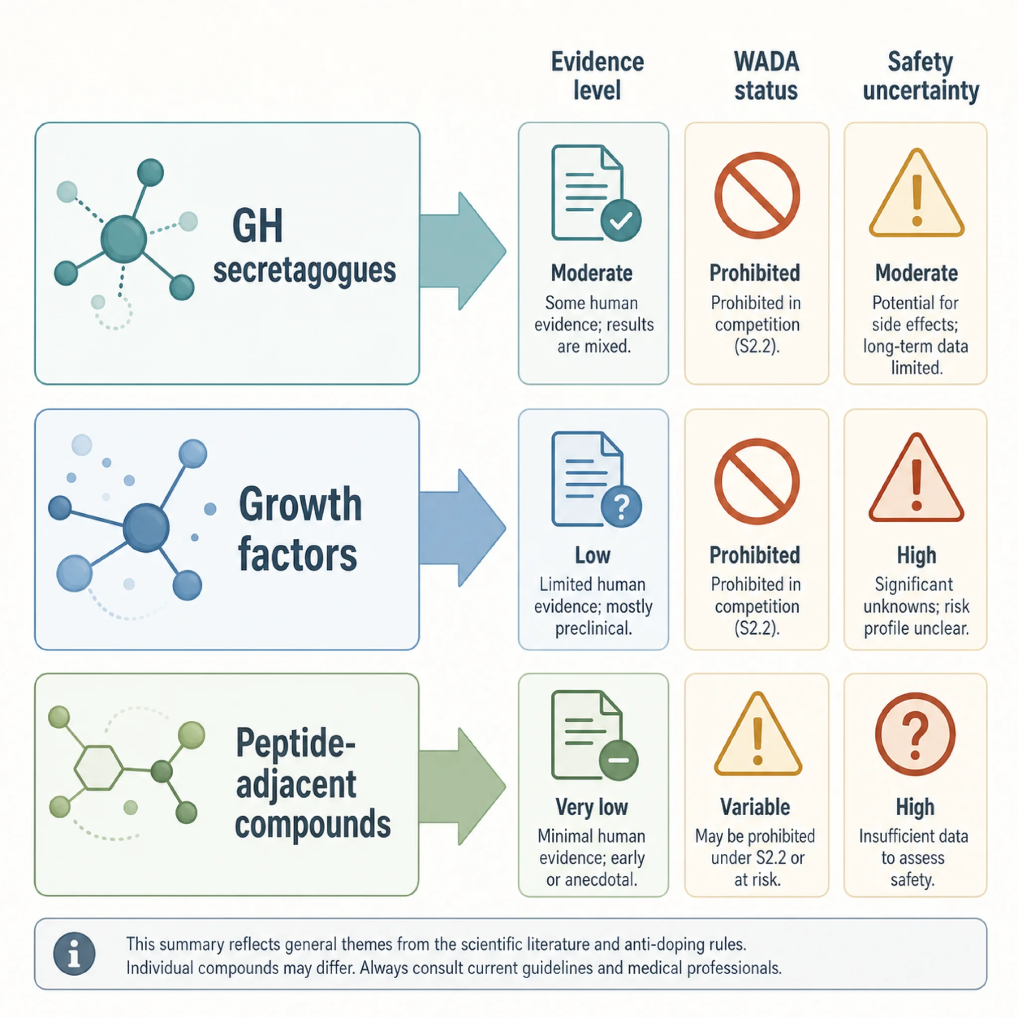 Infographic sorting bodybuilding peptide claims by mechanism, evidence, and risk