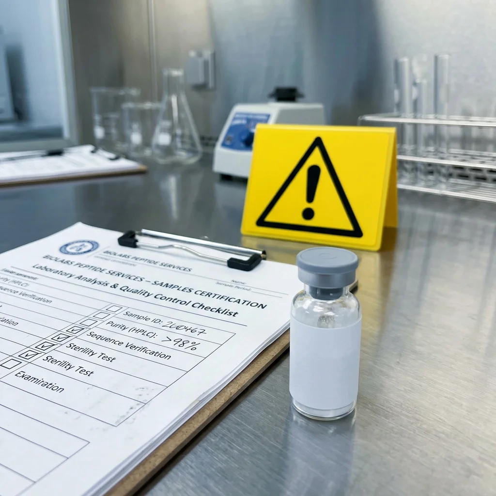 Unlabeled peptide vial beside quality-control checklist