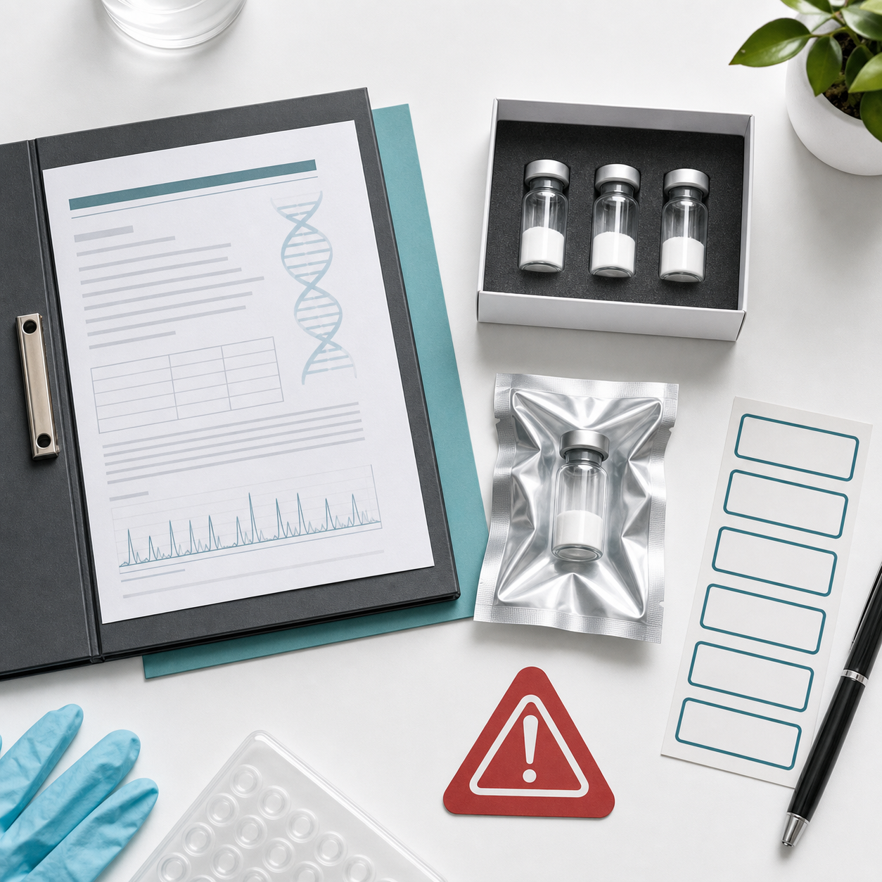 Lab documentation and sterile packaging representing peptide product-quality checks