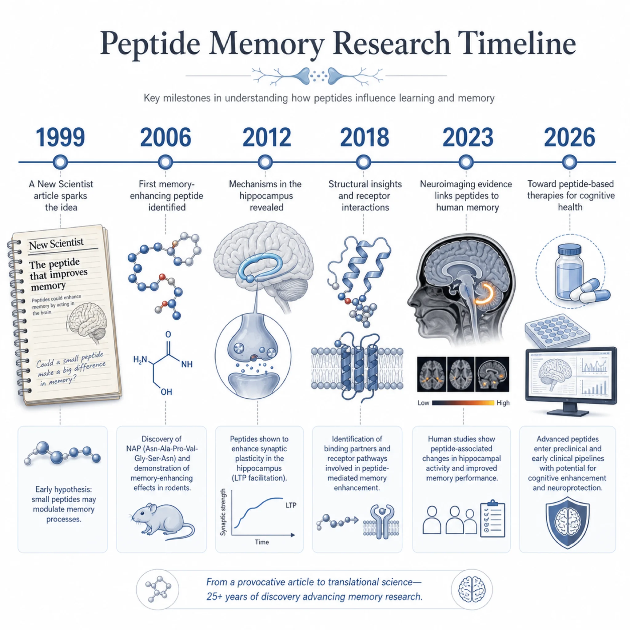 Timeline of memory-restoring peptide research milestones from 1999 to present