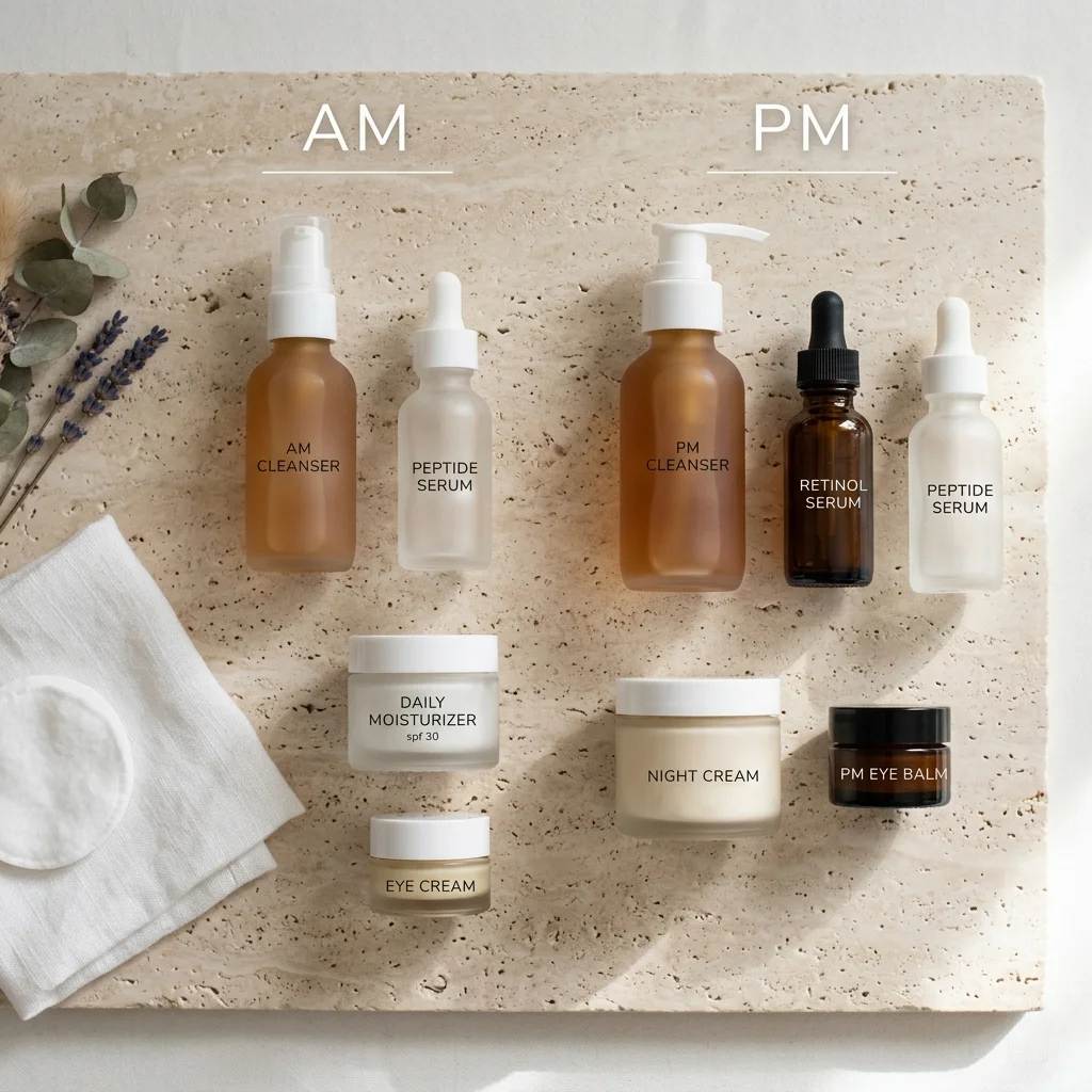 Morning and evening skincare layout separating peptides and retinol