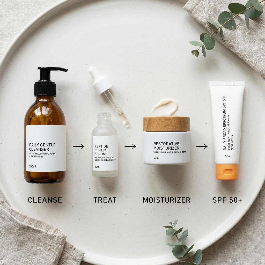 Peptide routine order from cleansing to serum, moisturizer, and SPF