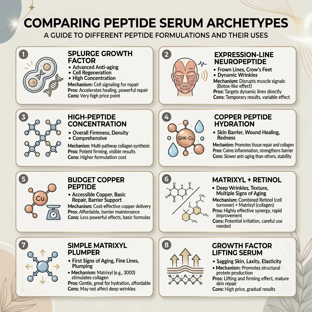 Infographic comparing peptide serum archetypes and best-fit skin goals
