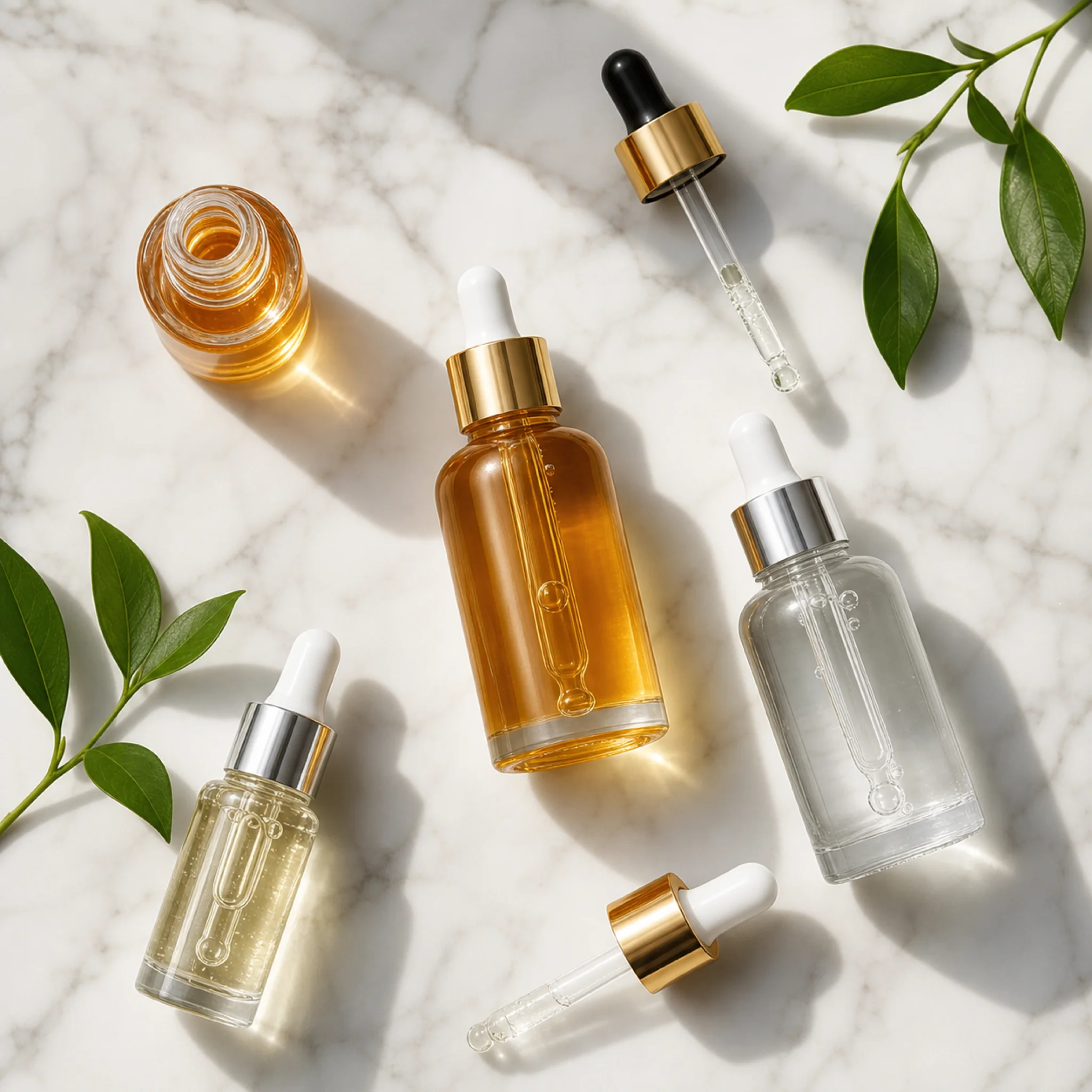 Various peptide hair serum bottles and droppers arranged on a marble surface