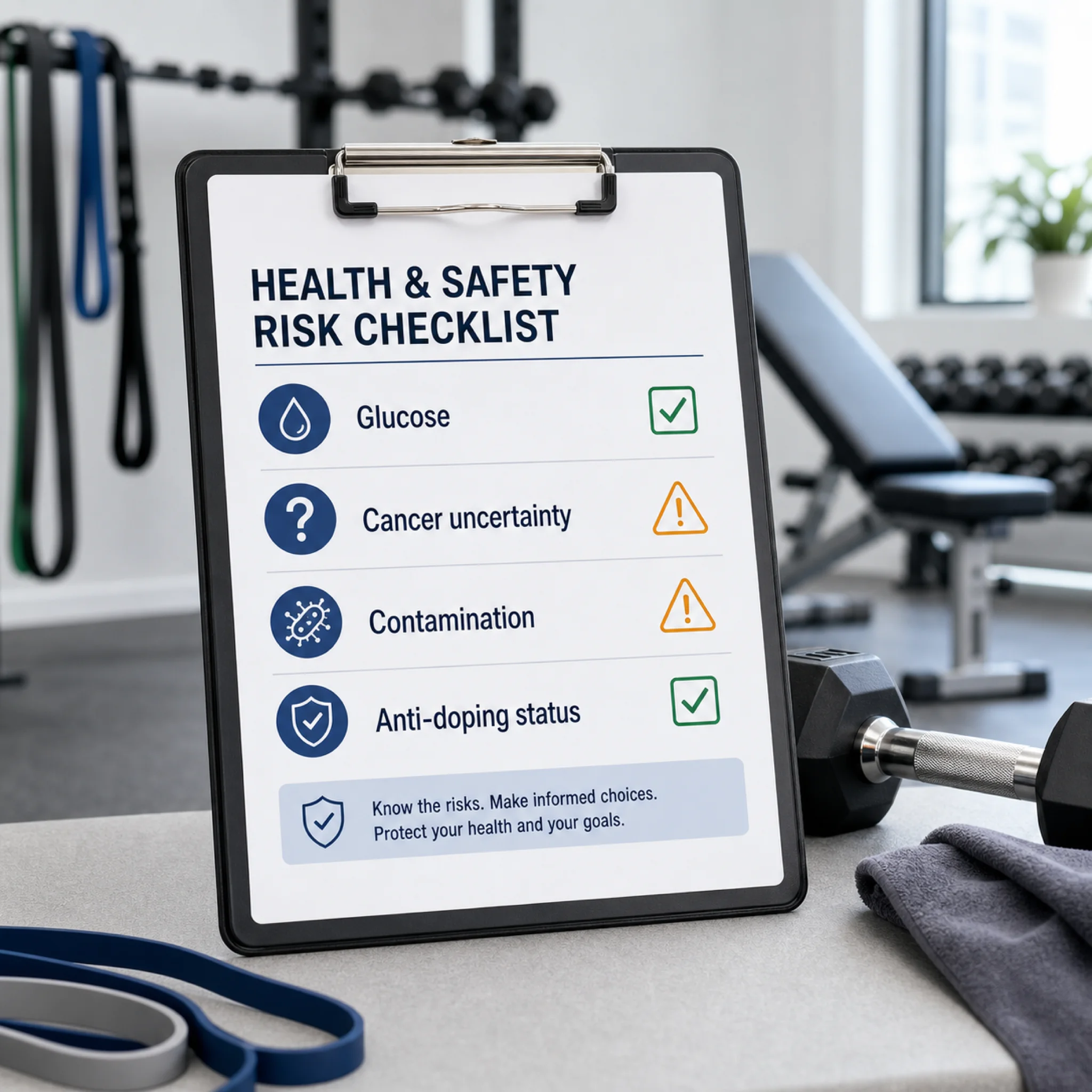Risk checklist for peptide side effects beside gym equipment