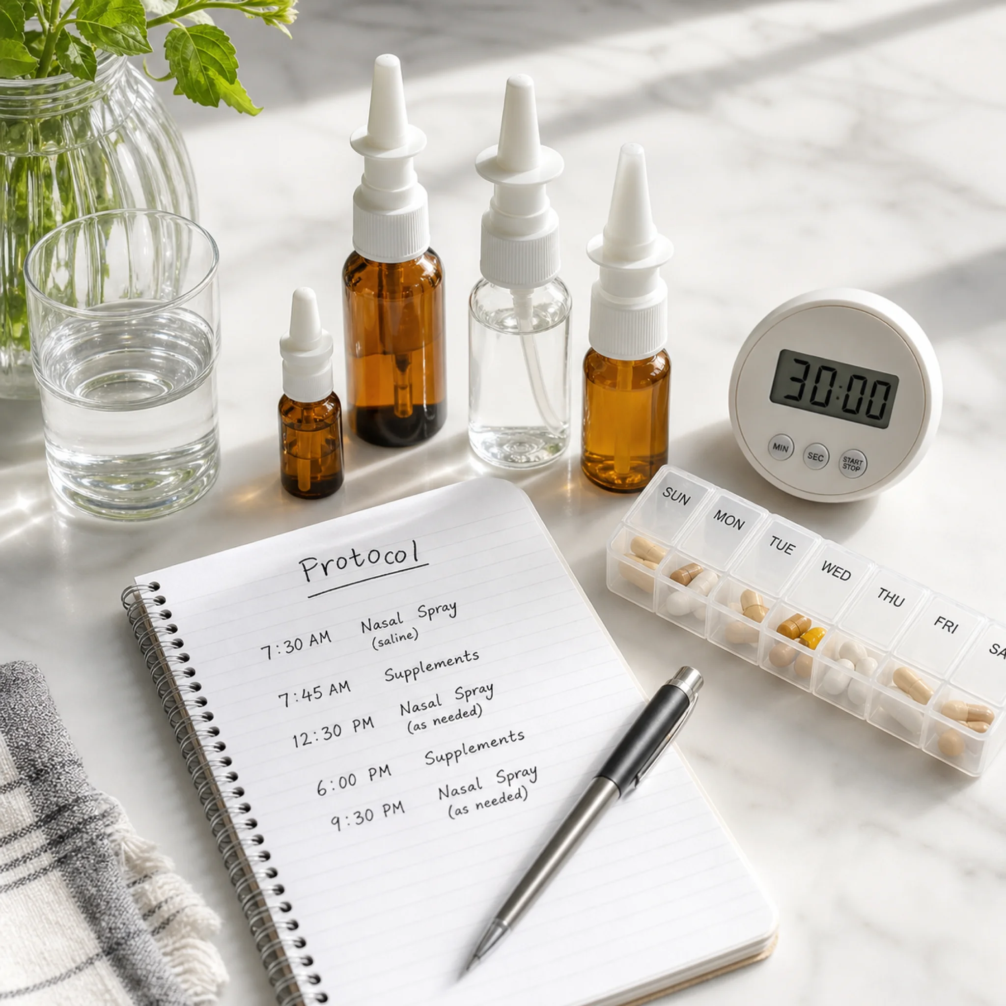 Nasal spray peptide bottles with handwritten dosing protocol schedule representing biohacker productivity stacks