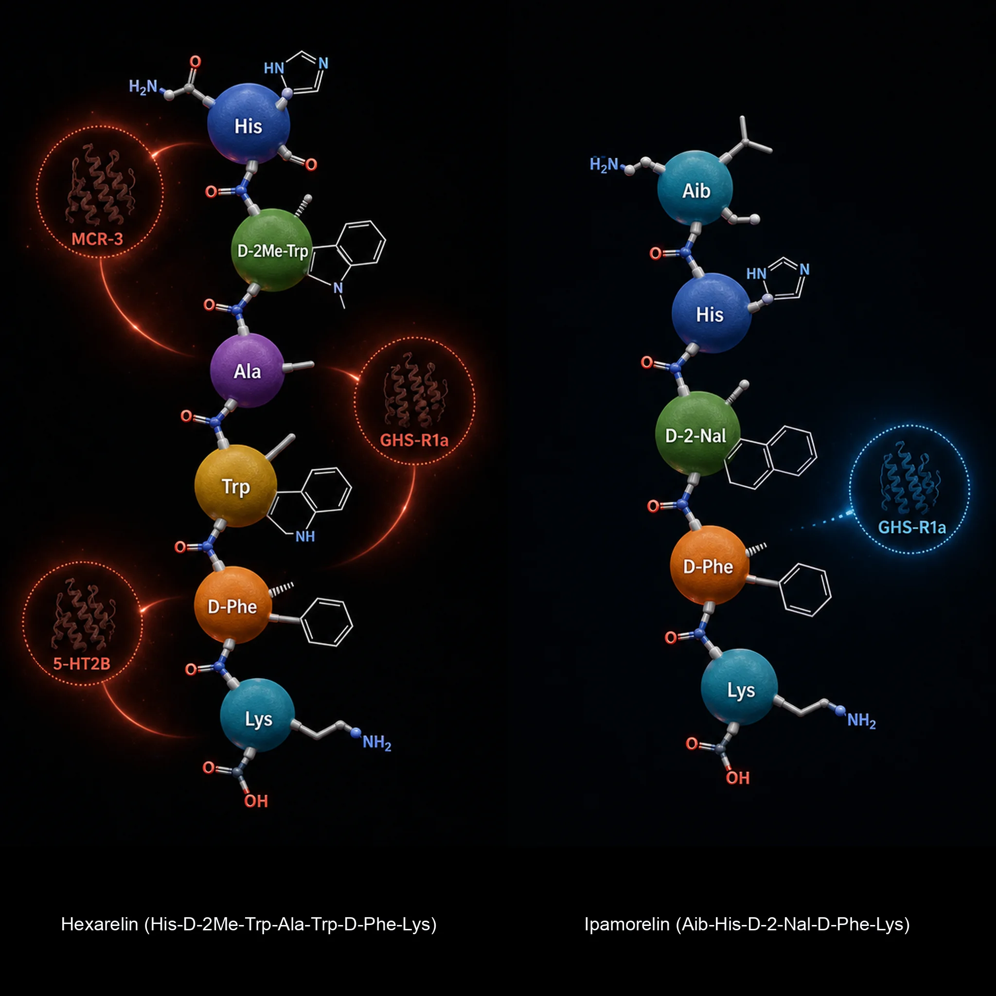 Side-by-side amino acid chain comparison of the six-residue Hexarelin and five-residue Ipamorelin peptides, with Hexarelin showing additional off-target receptor highlighting
