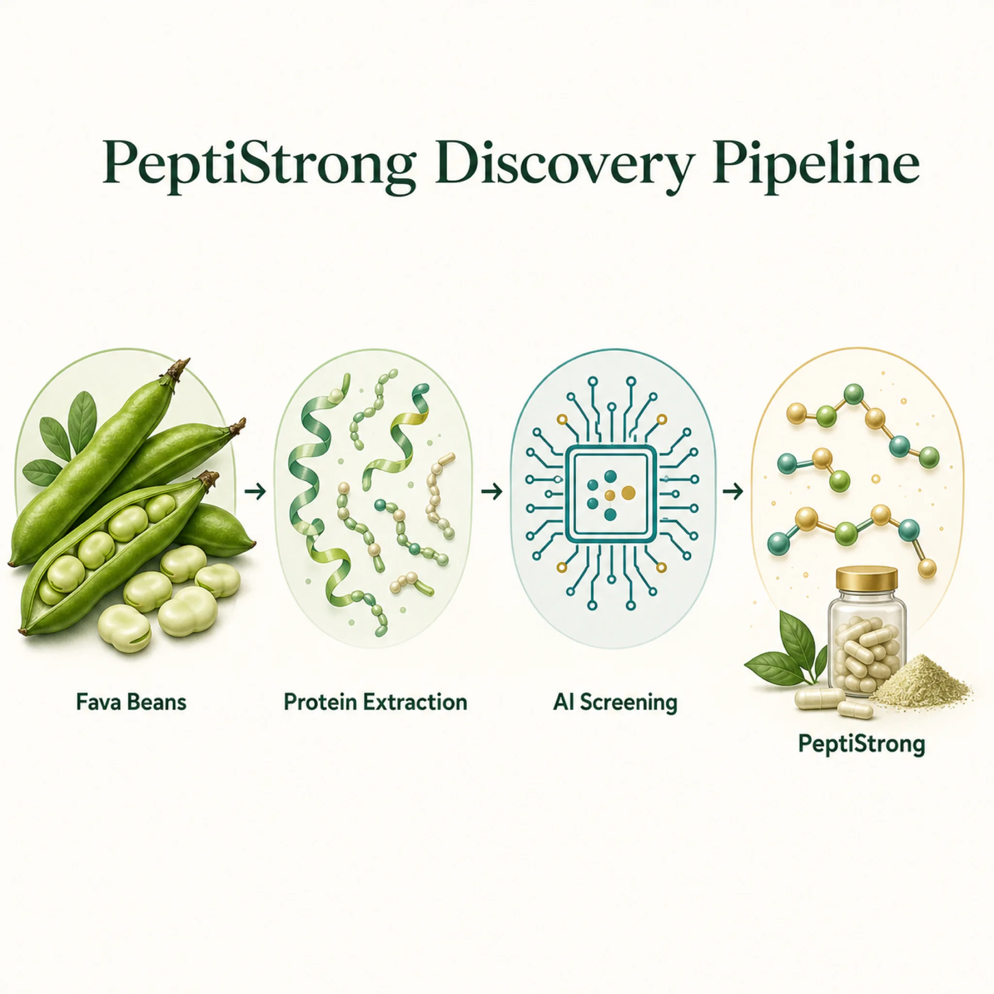 Infographic showing how PeptiStrong was discovered from fava beans by AI peptide screening, identifying two bioactive peptide sequences and producing three clinical-trial outcomes